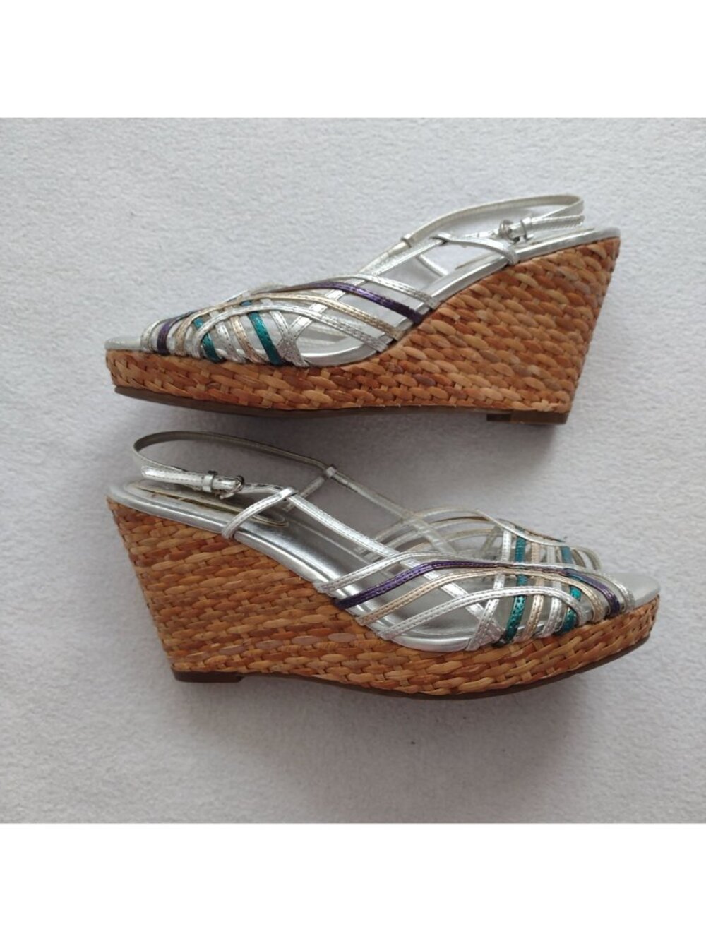 Connie Metallic Strappy Slingback Wedge 8.5 M Silver Straw Sandals - Picture 7 of 11